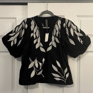 Anthropologie Black Blouse with White Leaf Design